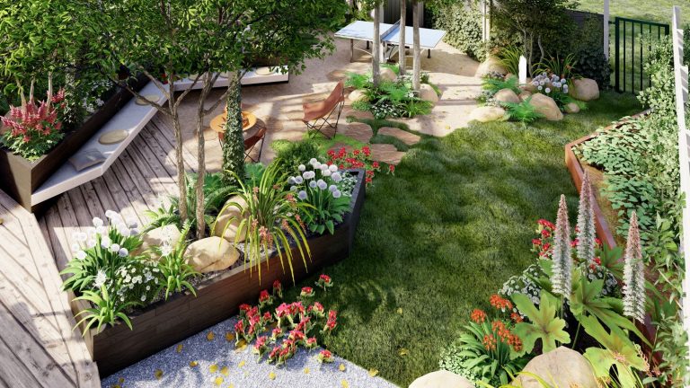 Vue 3D d’une allée de jardin bordée de massifs fleuris, conçue par O’Jardin des Pensées