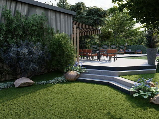 Vue 3D : arrivée sur la terrasse avec pergola