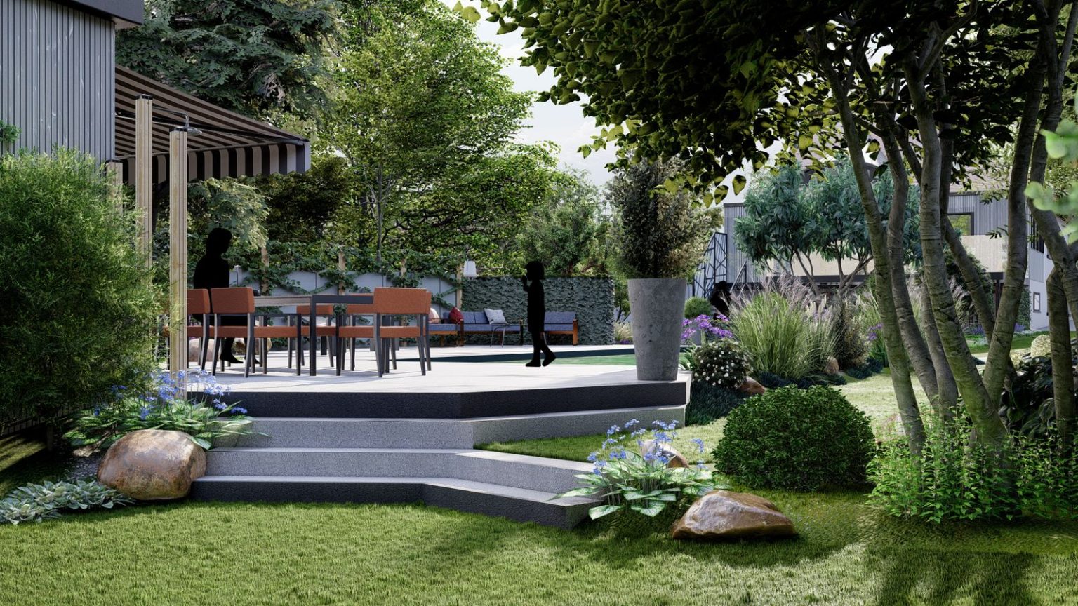 Vue 3D d’un jardin conçu par O’Jardin des Pensées : terrasse, piscine, escalier et massifs