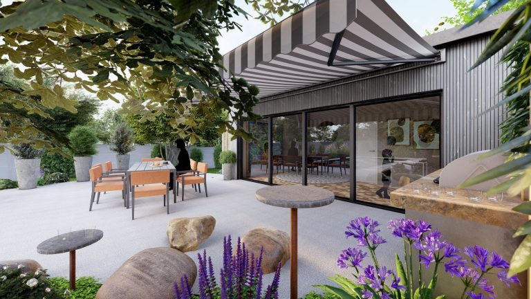 Vue 3D d’une terrasse avec pool house et agapanthes, conçue par O’Jardin des Pensées