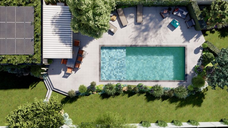 Vue 3D de dessus d’un jardin avec piscine, terrasses et massifs