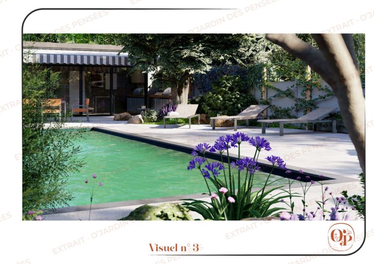 Page de visuel 3D d'un dossier de conception : piscine, agapanthes et graminées
