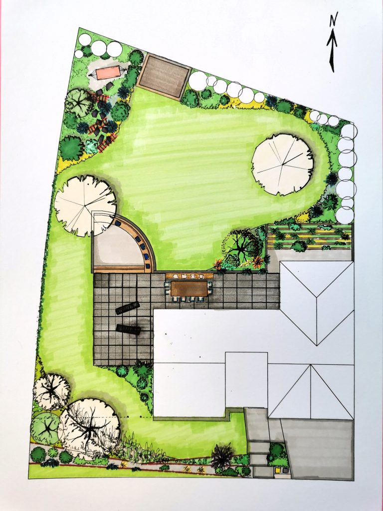 Plan masse d’un jardin dessiné et mis en couleur à la main par Thomas Bisson