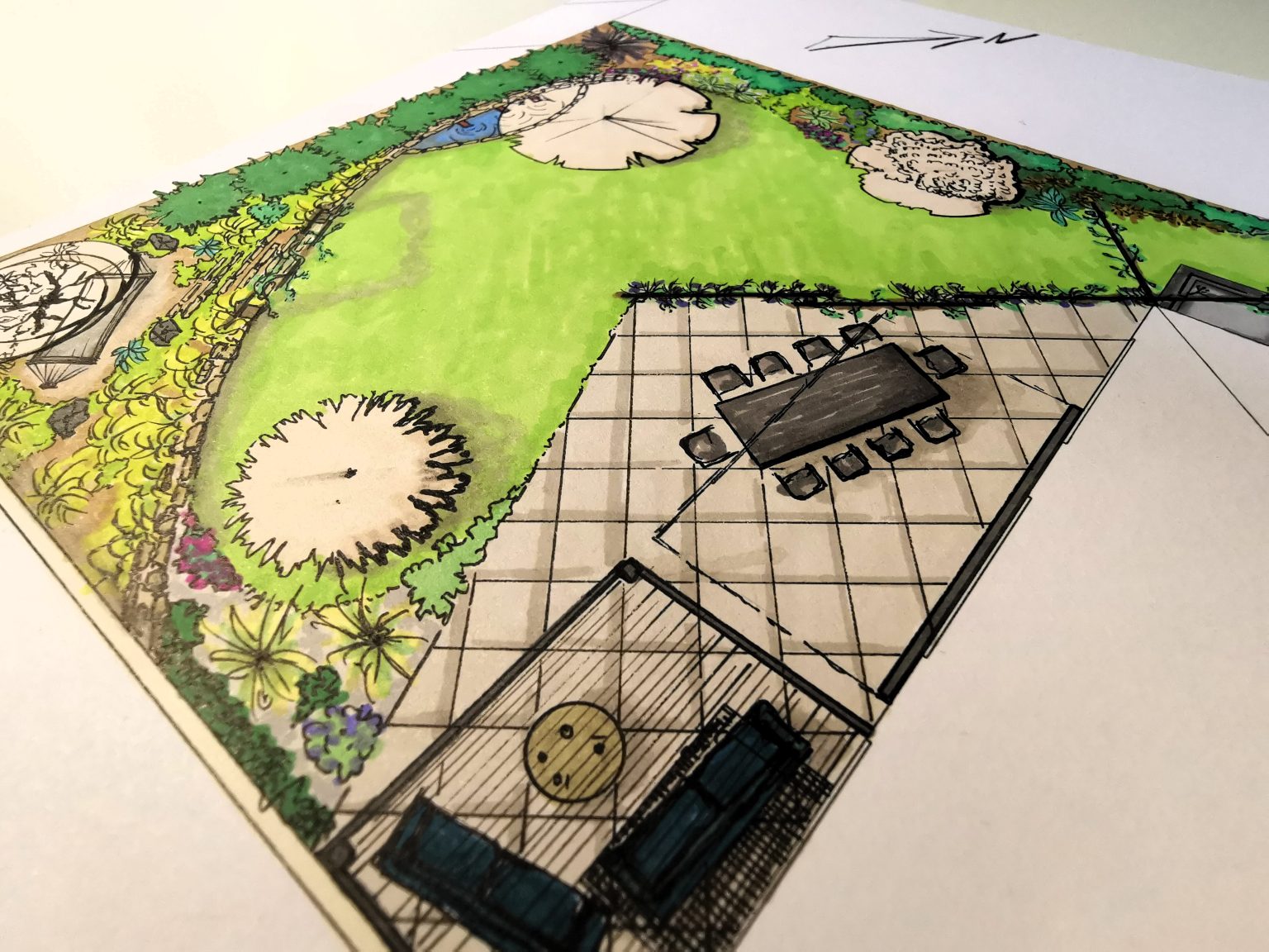 Esquisse couleur d’un jardin dessinée à la main par Thomas Bisson pendant un conseil