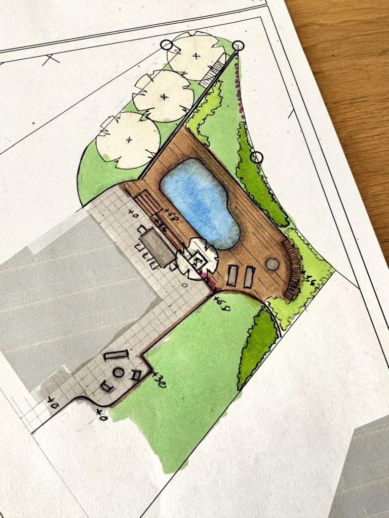 Esquisse dessinée à la main lors d’un conseil d’aménagement O’Jardin des Pensées : bassin, terrasse et pelouse