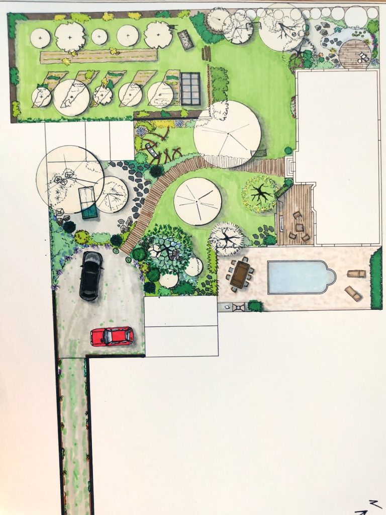 Esquisse dessinée à la main lors d’un conseil d’aménagement O’Jardin des Pensées : piscine, îlots de plantation et stationnement