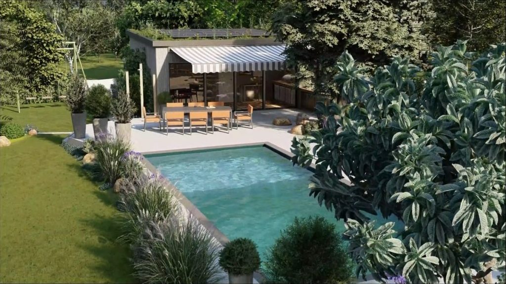 Vue 3D d’un jardin avec piscine, graminées et pool house