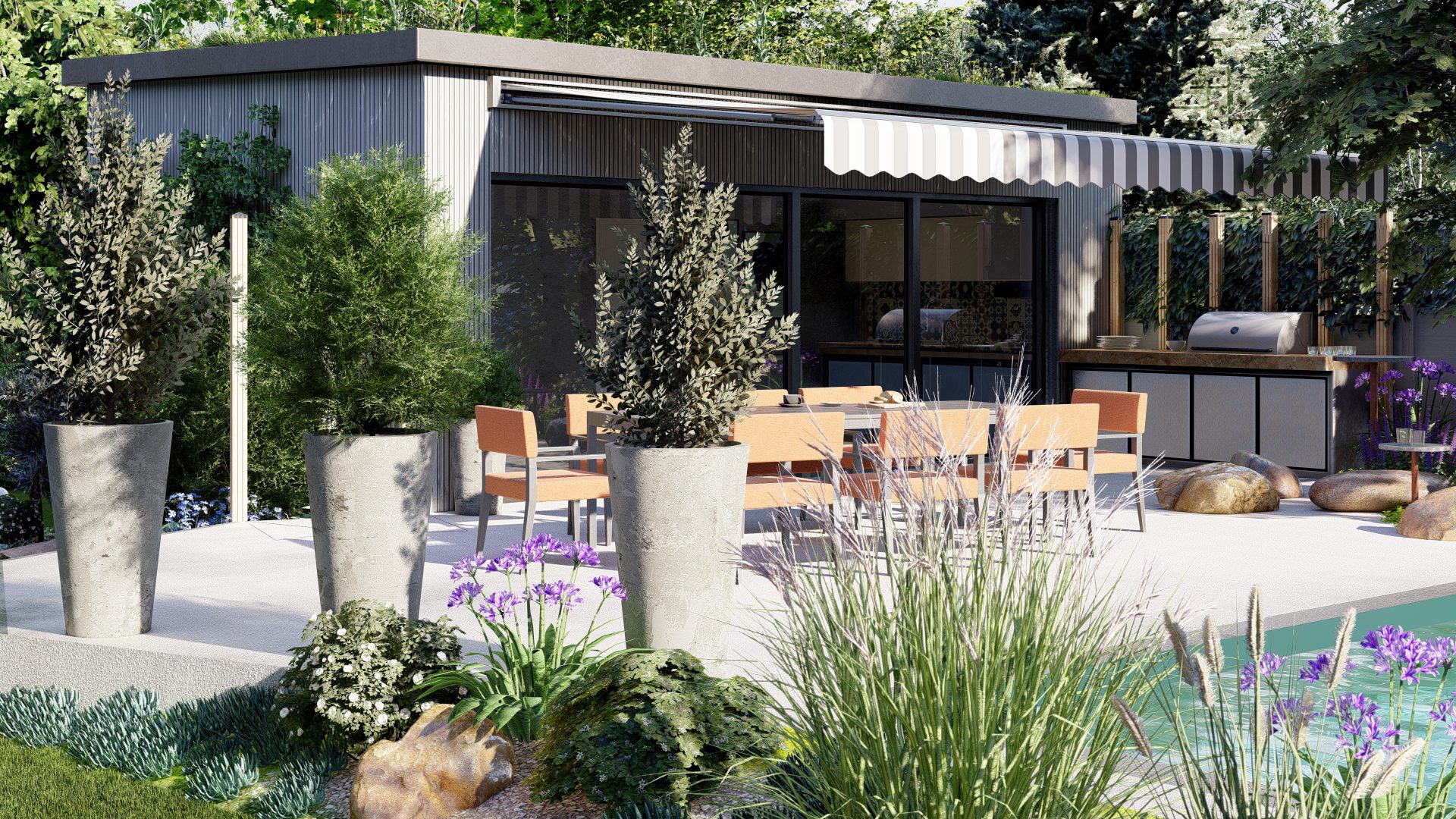 Terrasse, pool house et piscine entourés de plantations – vue 3D d'un projet conçu par O'Jardin des Pensées