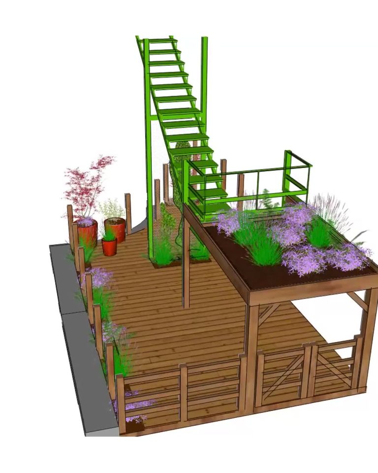 Modélisation 3D des volumes d’une cour à Sevrier : platelage bois, pergola à toiture plantée et clôture