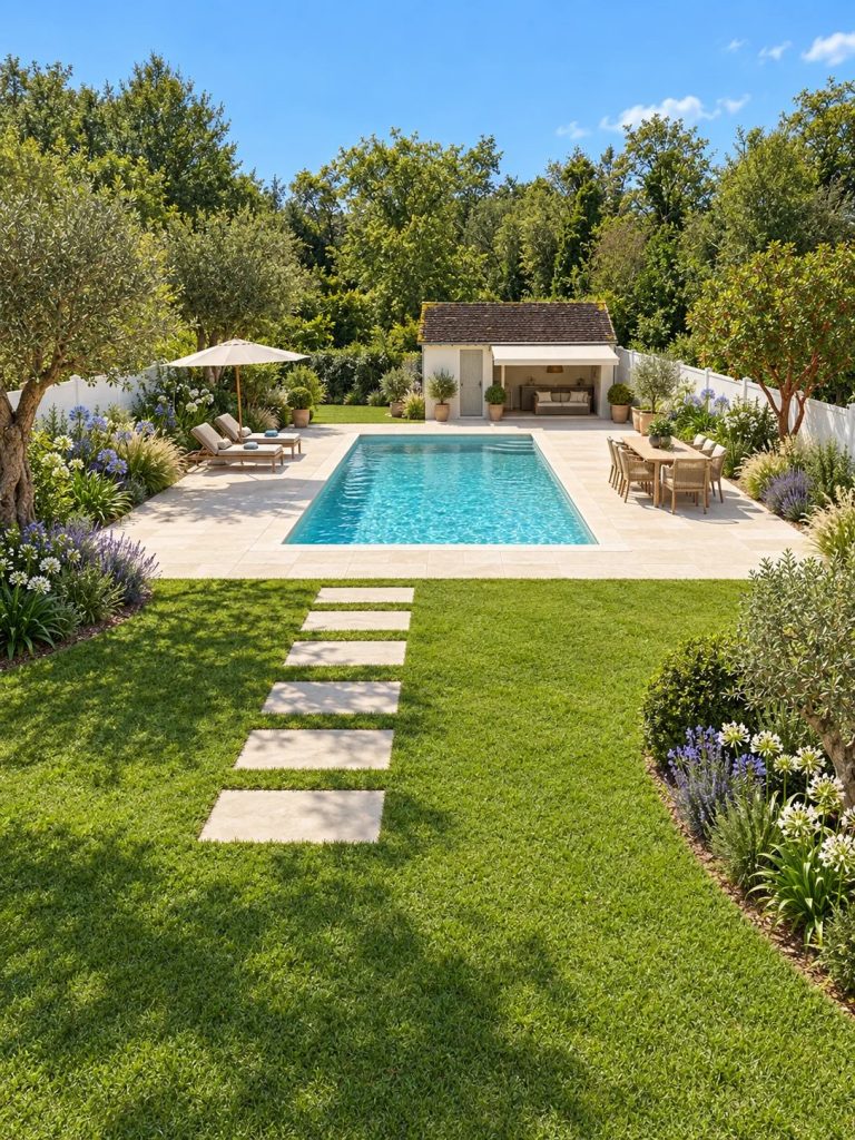 Image générée par une intelligence artificielle à partir de la photo : piscine, terrasse claire, massifs et pas japonais