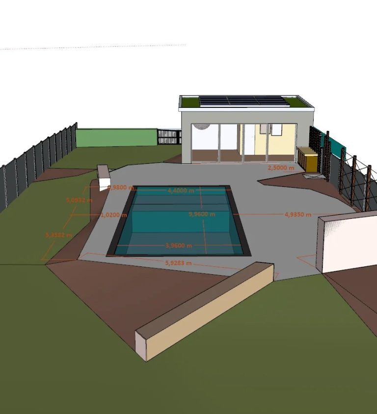 Modélisation 3D du projet réalisable, avec les cotes du bassin, de la terrasse et des murets