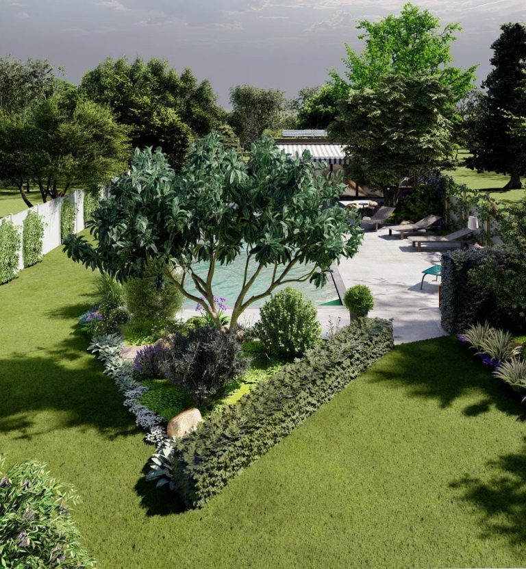 Visuel 3D immersif du projet végétalisé : arbres, massifs et haie autour de la piscine