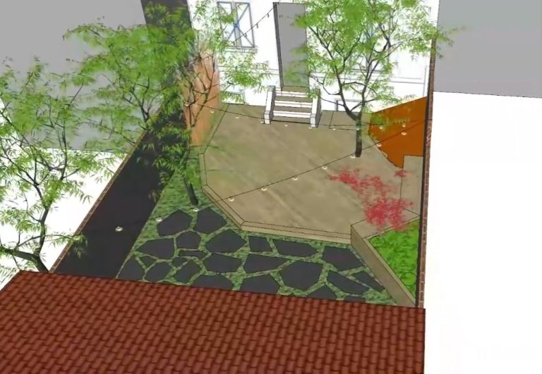 Modélisation 3D du jardin de ville à Colombes (92) : terrasse en mélèze, opus en ardoise et plantations