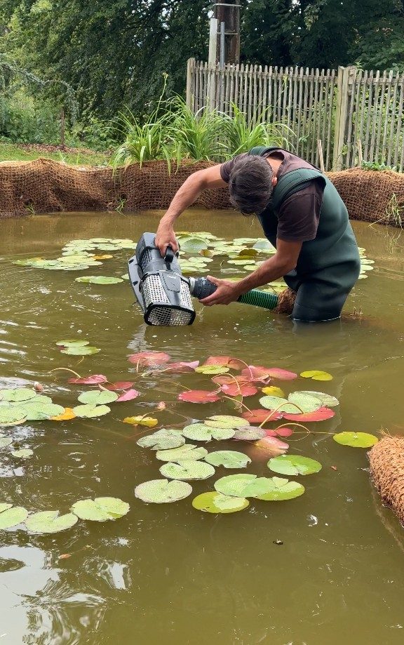 Branchement de la pompe de lagunage dans le bassin, à Cruseilles (74)