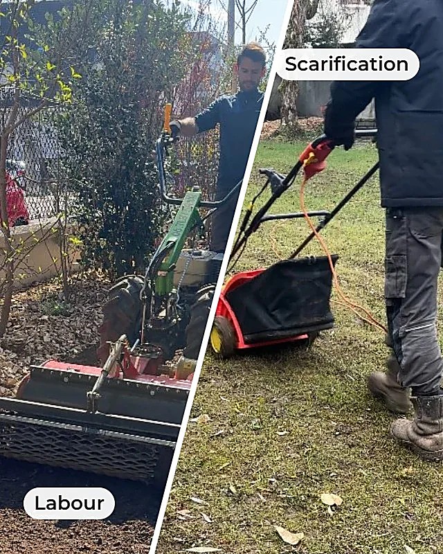 À gauche, le labour d’un terrain nu ; à droite, la scarification d’une pelouse : les deux préparations avant un semis hydraulique