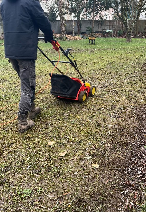 Scarification d’une pelouse avant un regarnissage par semis hydraulique